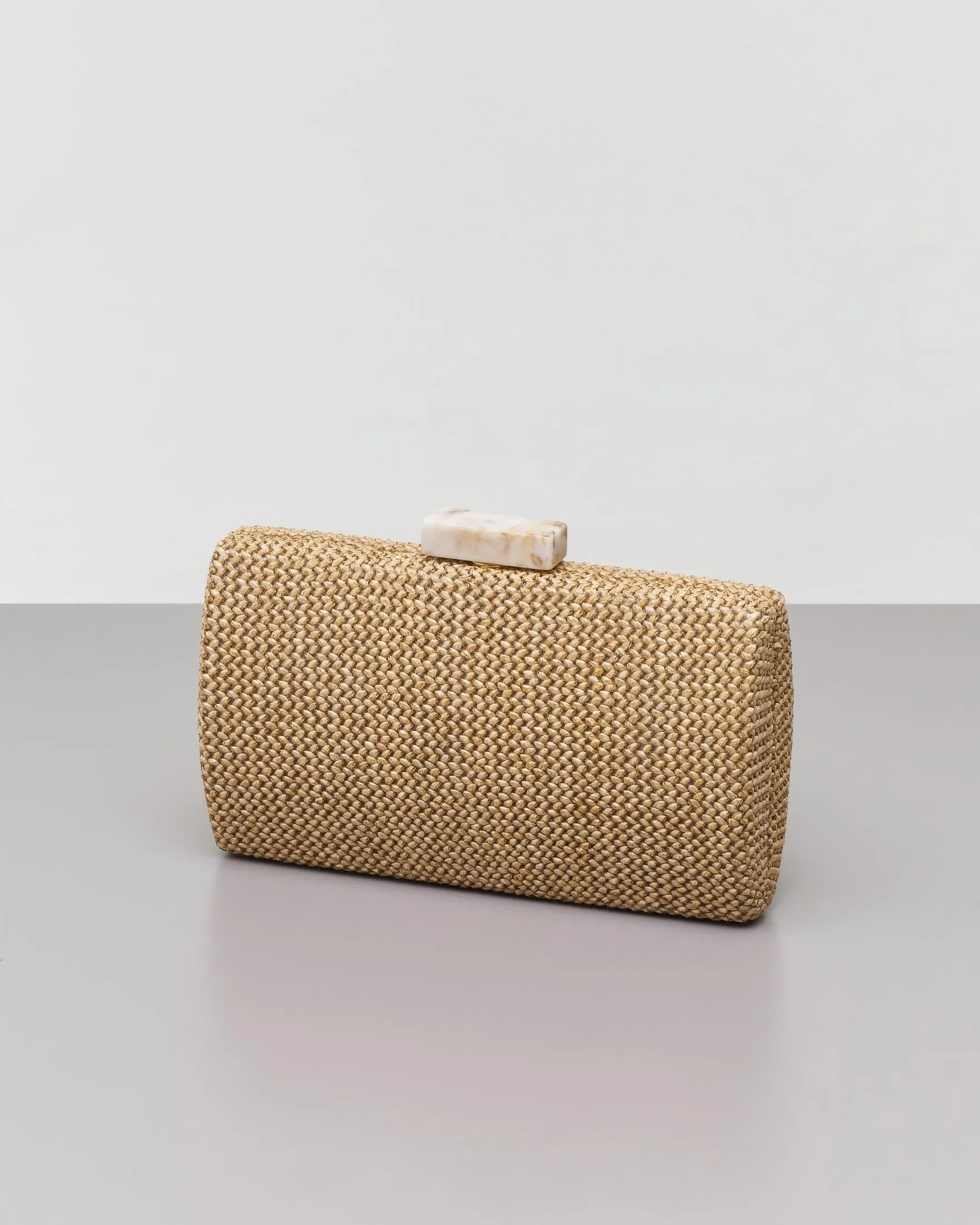 Sky Blue Raffia Clutch with Marble Effect Resin Snap Closure and Chain Strap